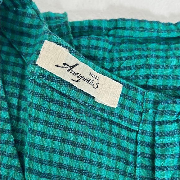 Ichi Antiquities OSFM Gingham Check V Neck Sleeveless Linen/Cotton Green Dress - Picture 3 of 11